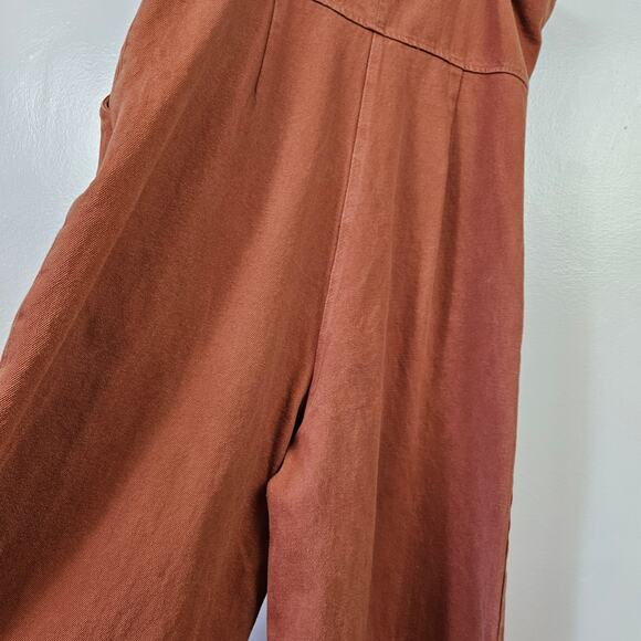 Wishlist Denim Wide Leg Overalls Jumpsuit L Rust Brown Cropped Raw Hem - Picture 8 of 12